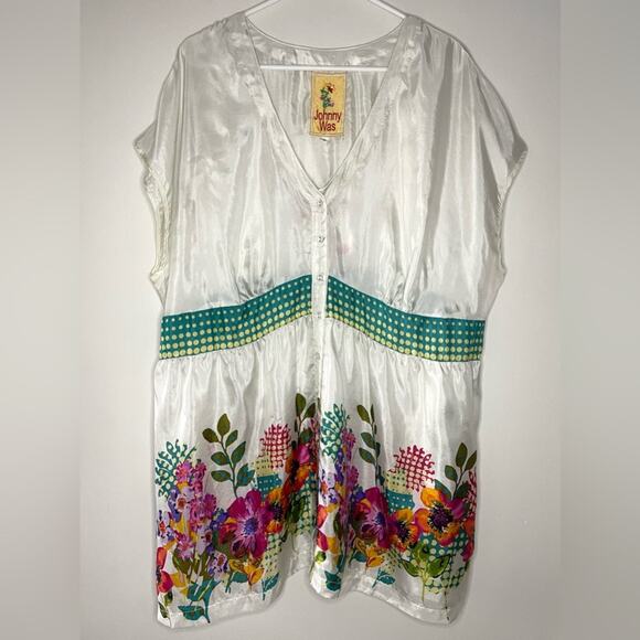 NWT New Johnny Was Silk Floral Print Button Down Cap Sleeve Tunic Top Size 2X - Picture 1 of 6